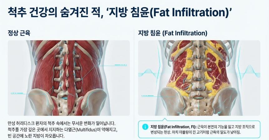 허리디스크로 인한 척추 주변 다열근의 지방 침윤 및 근육 위축 모식도