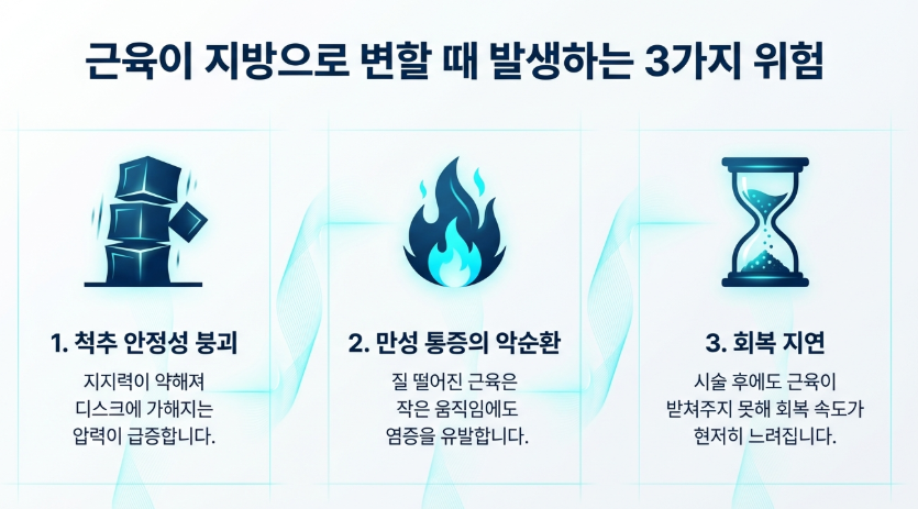 허리디스크로 인한 척추 주변 다열근의 지방 침윤 및 근육 위축 모식도