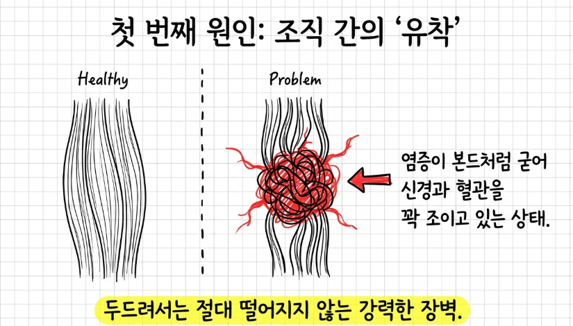성북구 허리통증 환자의 척추 주변 다열근 지방 침윤과 조직 유착을 보여주는 정밀 초음파 영상