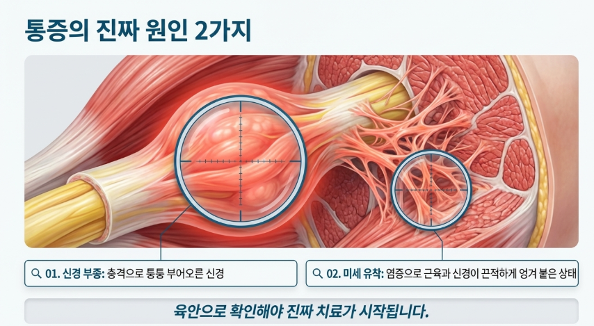 교통사고 충격으로 부어오른 신경 주변 조직을 초음파 기기로 정밀하게 관찰하는 장면