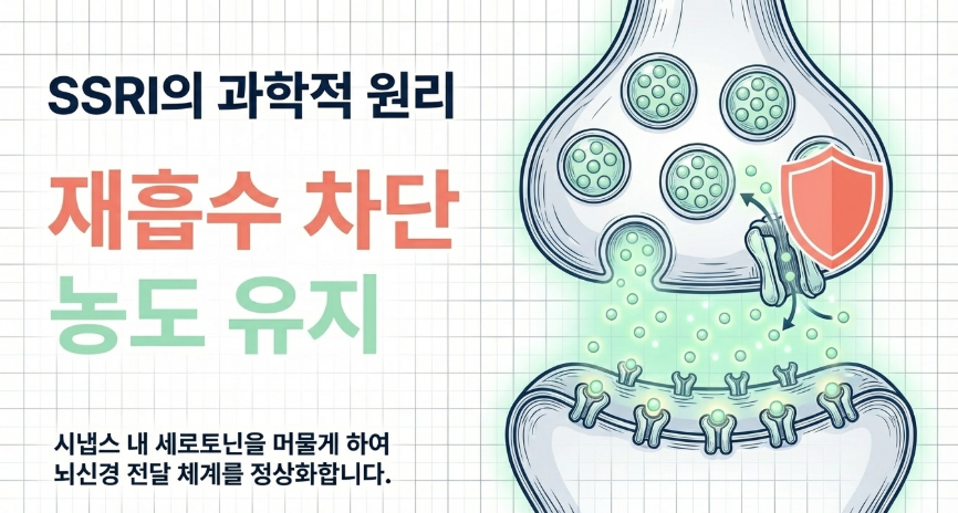 SSRI 항우울제의 시냅스 내 세로토닌 재흡수 억제 기전과 뇌 신경전달물질 작용 원리 인포그래픽