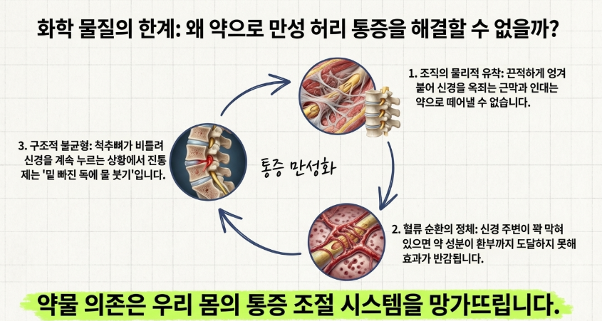 약물로 해결되지 않는 만성 허리 통증의 유착 부위를 초음파로 확인하며 치료하는 모습