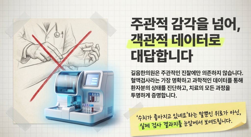 길음역 한의원에서 시행하는 최신 혈액검사 기기를 활용한 9가지 주요 대사 지표 분석 장면