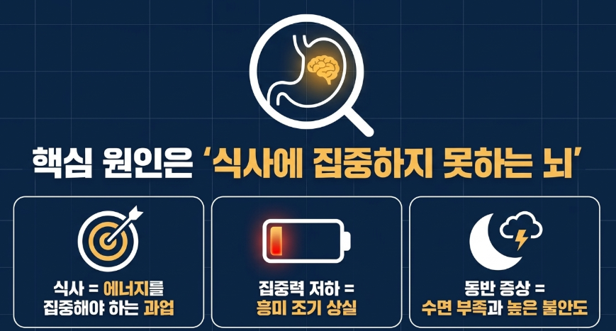 식사에 집중하지 못하는 뇌로 인해서 식욕부진이 생기는 기전 설명 도표