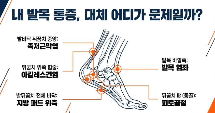 러닝 발목 통증의 주요 원인인 족저근막염과 아킬레스건염 발목 염좌, 피로골절의 비교표시