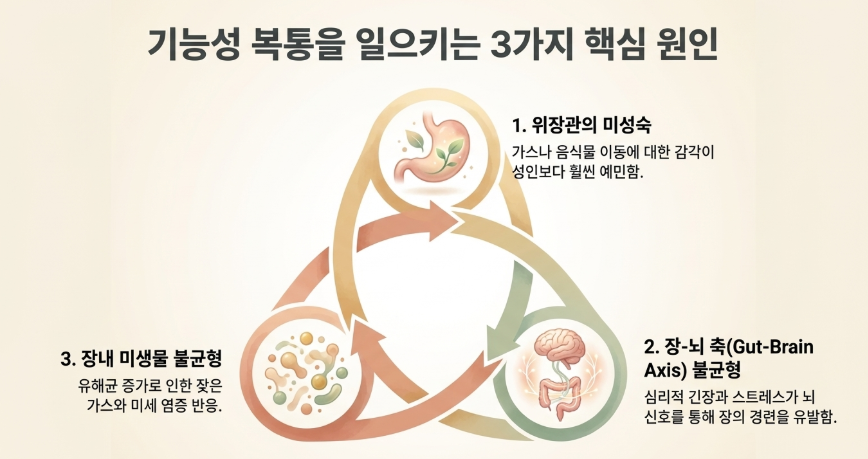 기능성 복통을 일으키는 3가지 핵심 원인인 위장관 장내 미생물 장뇌축 그림