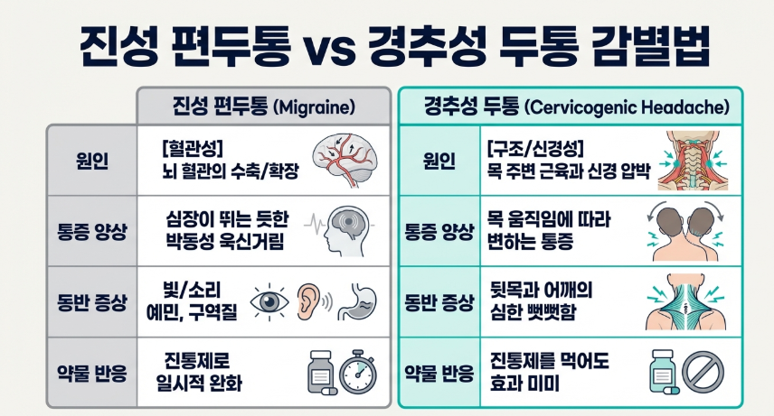 성신여대 두통 전문 한의학 박사 김덕호 원장이 분석한 편두통과 경추성 두통의 주요 증상 감별 진단 도표