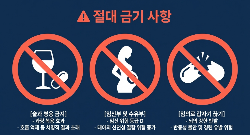 알프라졸람 복용시 술 임산부 갑자기 끊기등은 주의해야 한다는 경고 이미지