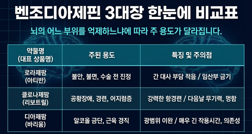 벤조디아제핀 효과 한눈에 비교하기 로라제팜 리보트릴 디아제팜 비교표